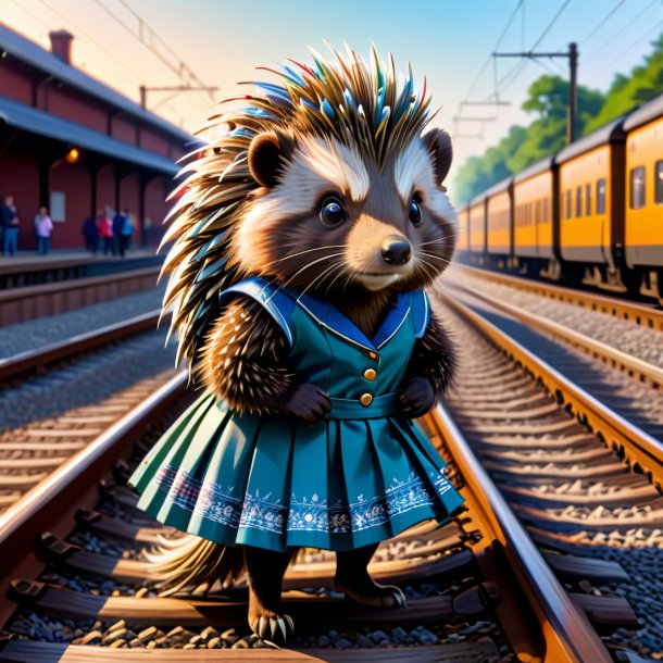 Drawing of a porcupine in a skirt on the railway tracks