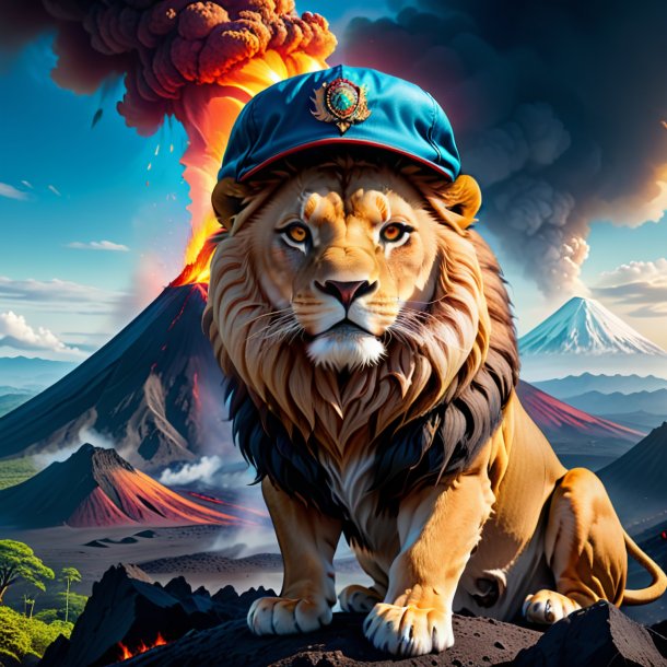 Illustration of a lion in a cap in the volcano