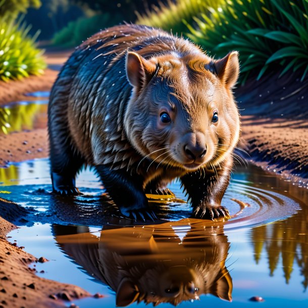 Uma foto de uma natação de um wombat na poça