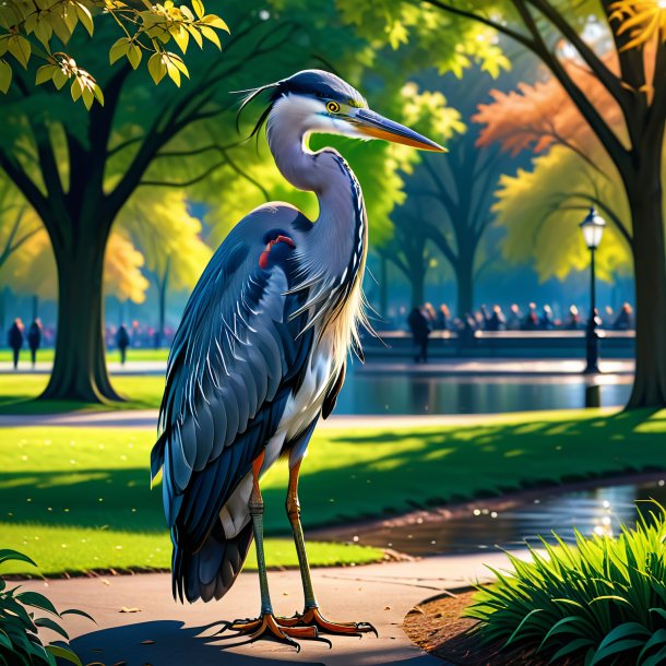 Illustration of a heron in a coat in the park