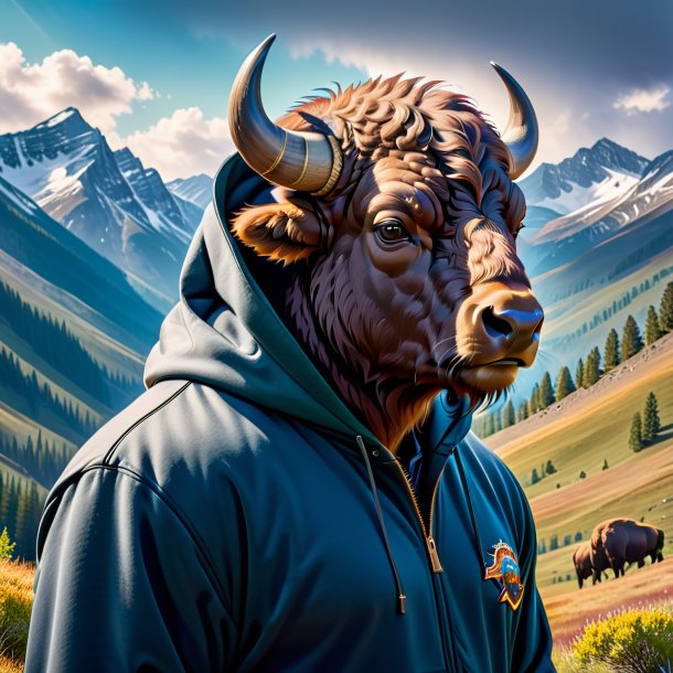 Foto de um bison em um hoodie nas montanhas