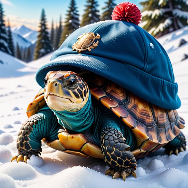 Pic of a tortoise in a cap in the snow