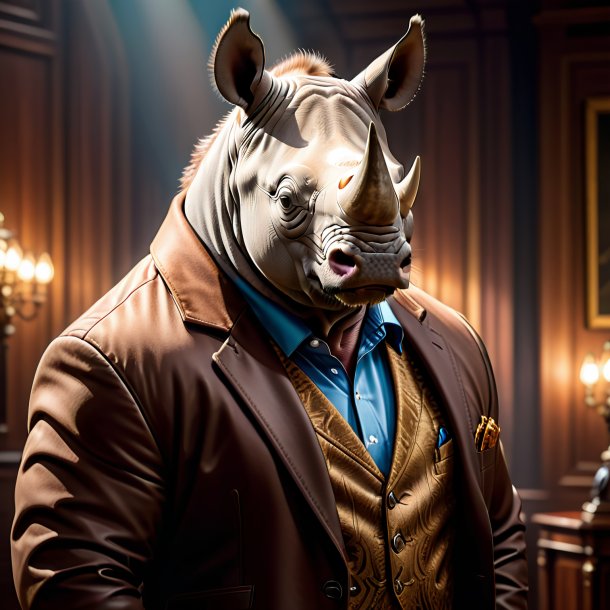 Picture of a rhinoceros in a brown jacket