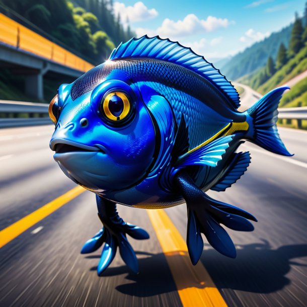 Illustration of a blue tang in a gloves on the highway