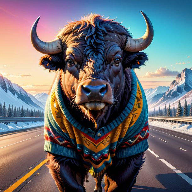 Illustration of a buffalo in a sweater on the highway