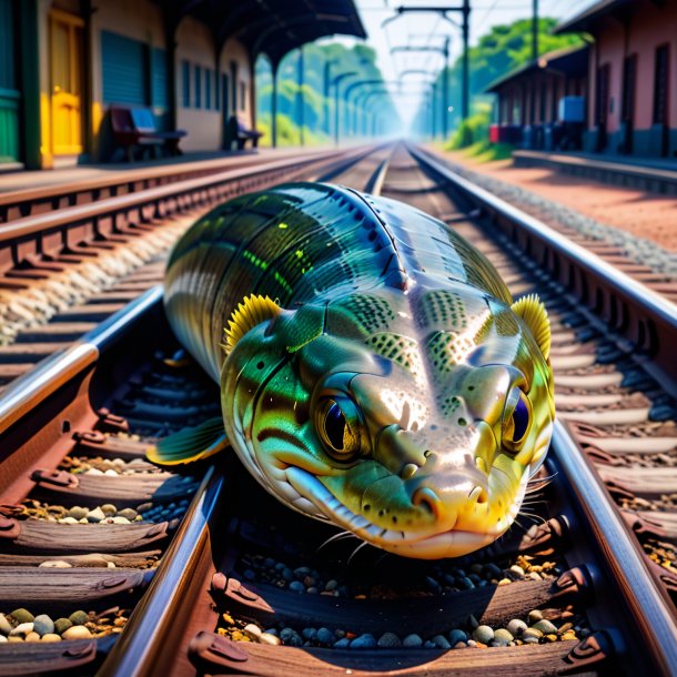 Foto de um sono de uma enguia nos trilhos ferroviários