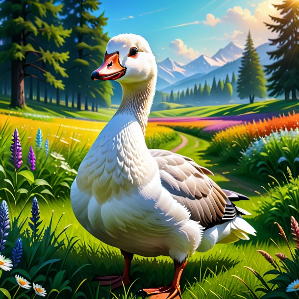 Illustration of a goose in a gloves in the meadow