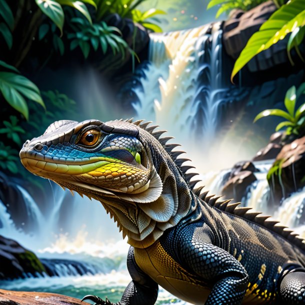 Image of a playing of a monitor lizard in the waterfall