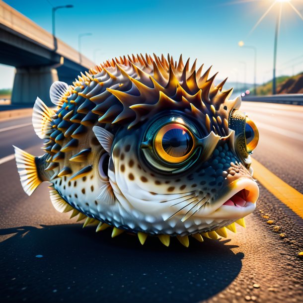 Image of a pufferfish in a shoes on the highway