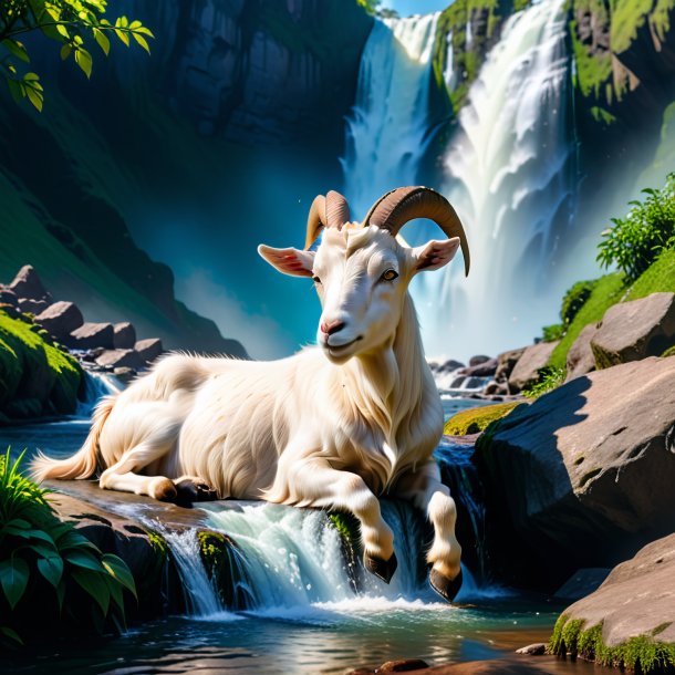 Photo of a resting of a goat in the waterfall