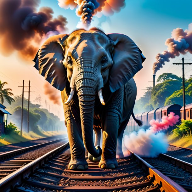 Foto de un fumar de un elefante en las vías del tren