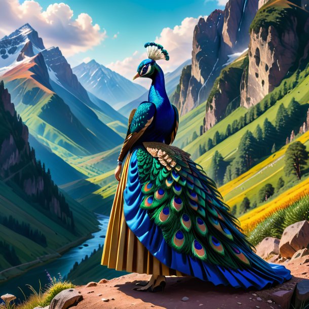 Image of a peacock in a skirt in the mountains