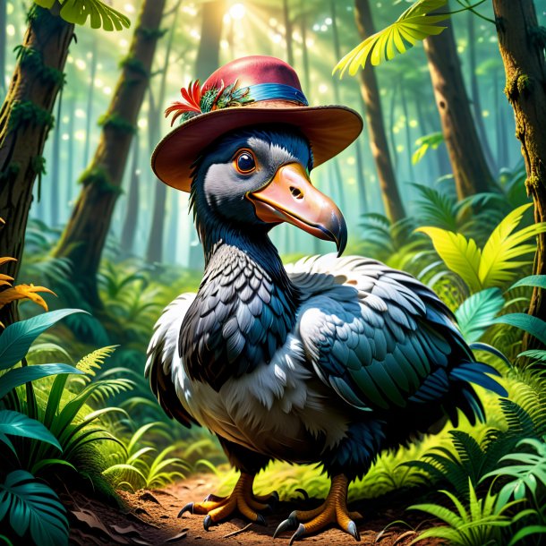 Illustration of a dodo in a hat in the forest