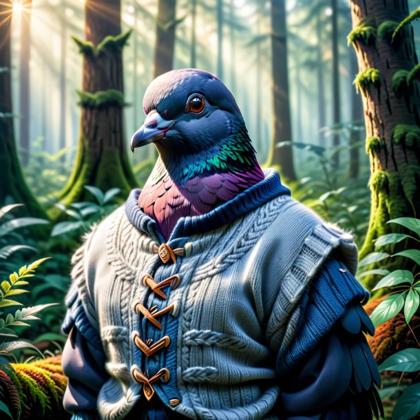 Image of a pigeon in a sweater in the forest