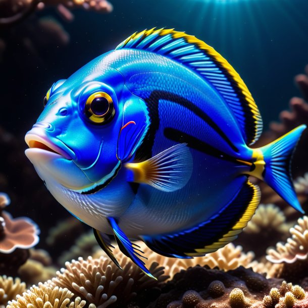 Image of a blue tang in a brown jacket