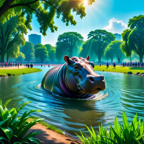 Picture of a swimming of a hippopotamus in the park