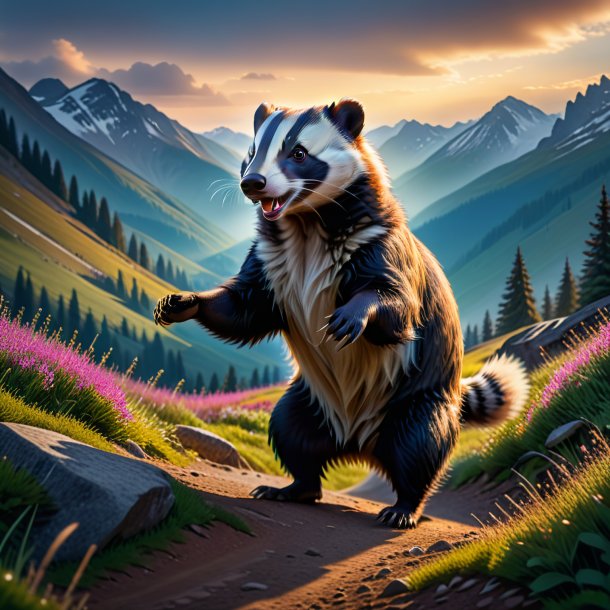 Photo of a dancing of a badger in the mountains