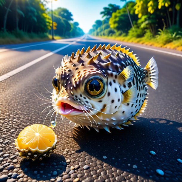 Foto de una comida de un pez globo en el camino