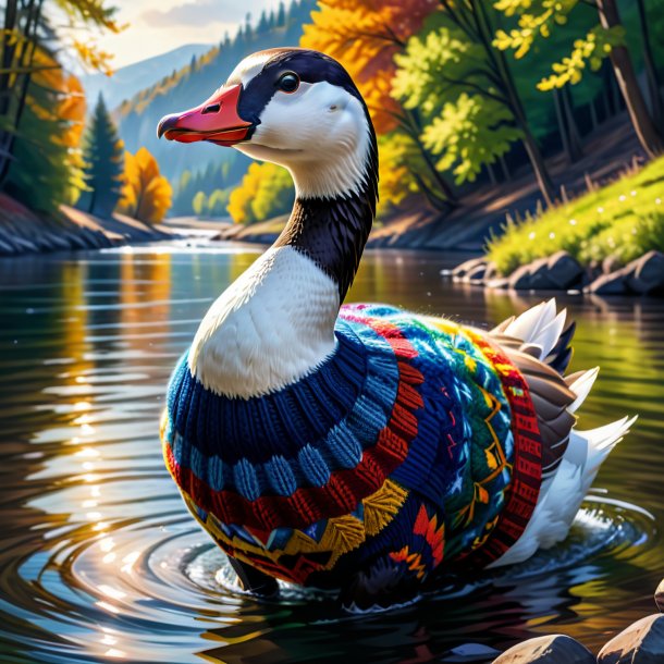 Illustration of a goose in a sweater in the river