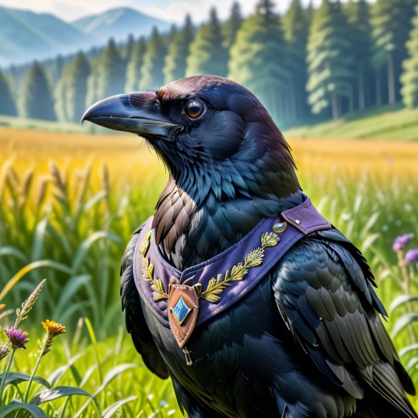 Image d'un corbeau dans un gilet dans la prairie