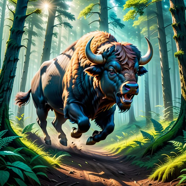 Photo of a jumping of a buffalo in the forest