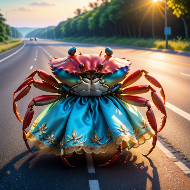 Picture of a crab in a dress on the road