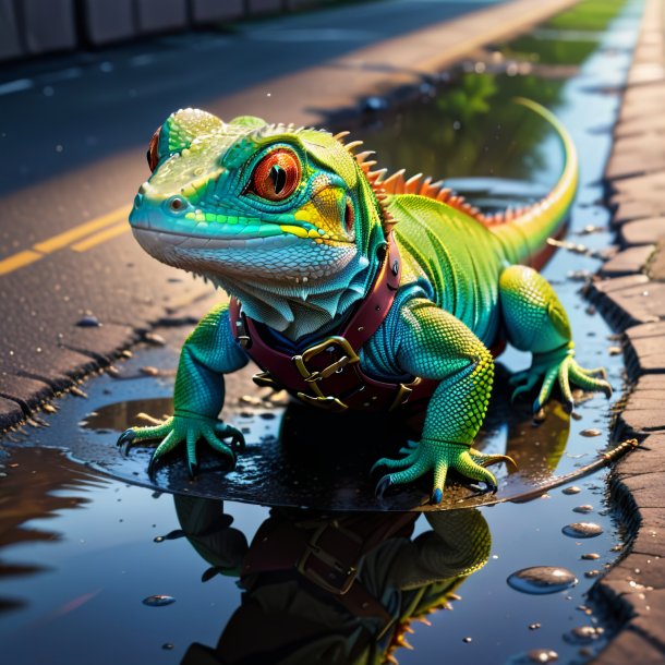 Illustration of a lizard in a belt in the puddle