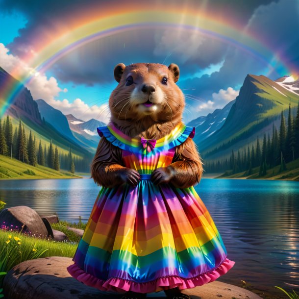 Picture of a beaver in a dress on the rainbow