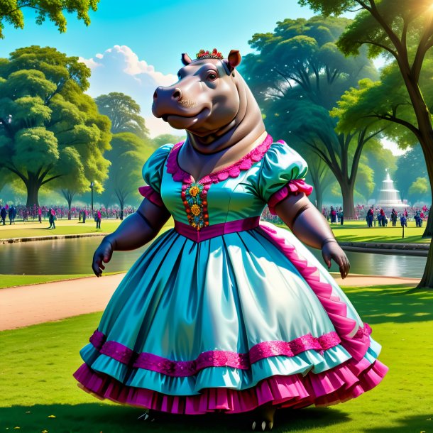 Dessin d'un hippopotamus dans une robe dans le parc