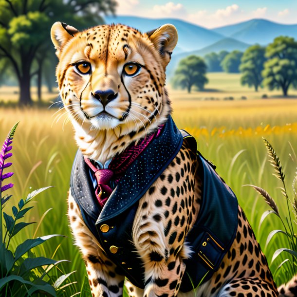 Drawing of a cheetah in a vest in the meadow