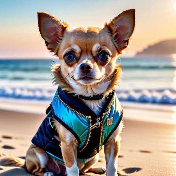 Image d'un chihuahua dans un gilet sur la plage