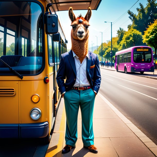 Picture of a llama in a trousers on the bus stop