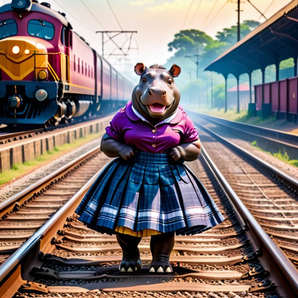 Picture of a hippopotamus in a skirt on the railway tracks