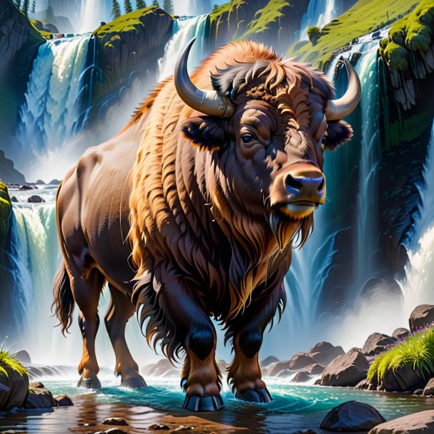 Picture of a bison in a skirt in the waterfall