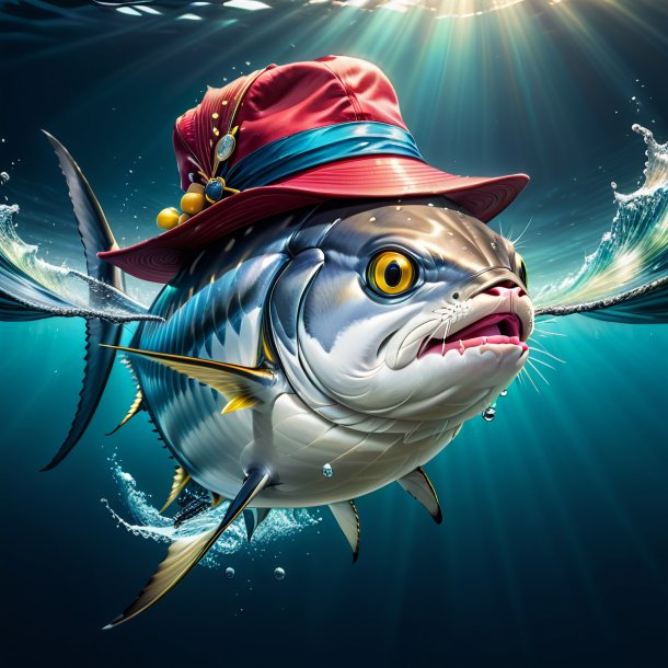 Drawing of a tuna in a hat in the water