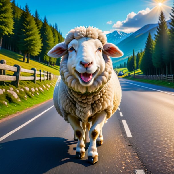 Image of a smiling of a sheep on the road