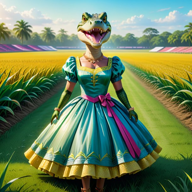 Illustration of a crocodile in a dress on the field