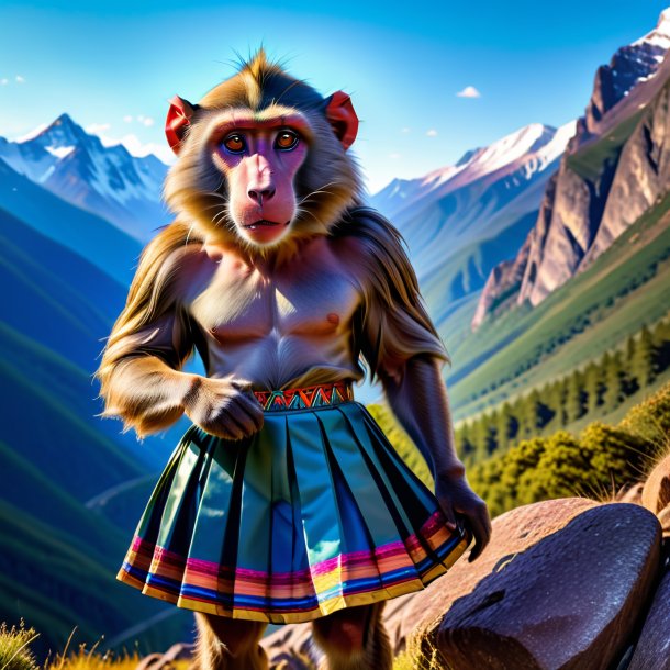 Image of a baboon in a skirt in the mountains