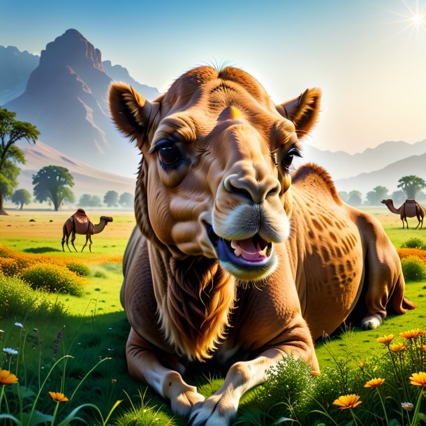 Picture of a eating of a camel in the meadow