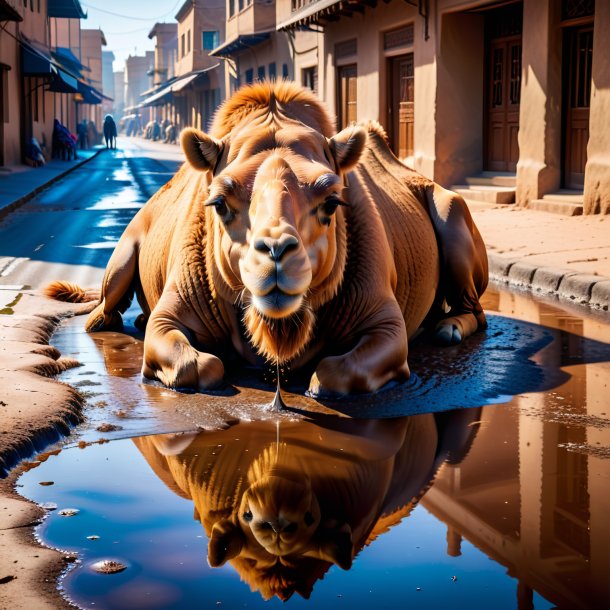 Photo of a resting of a camel in the puddle