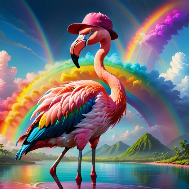 Illustration of a flamingo in a cap on the rainbow