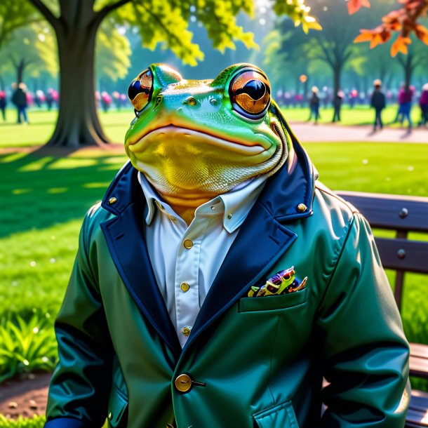 Foto de una rana en una chaqueta en el parque