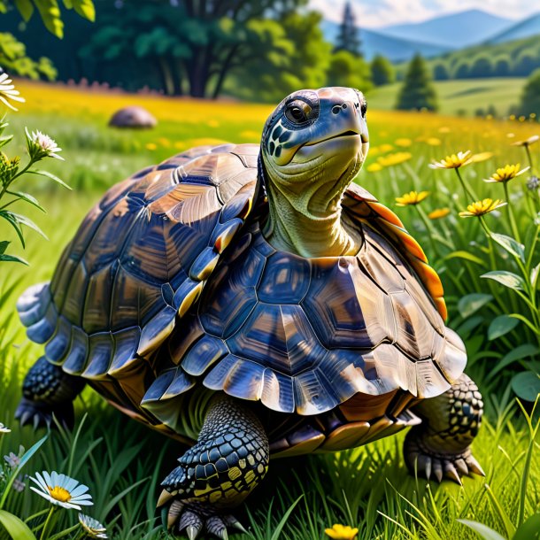 Pic d'une tortue dans une robe dans la prairie