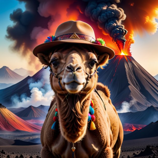 Photo of a camel in a hat in the volcano