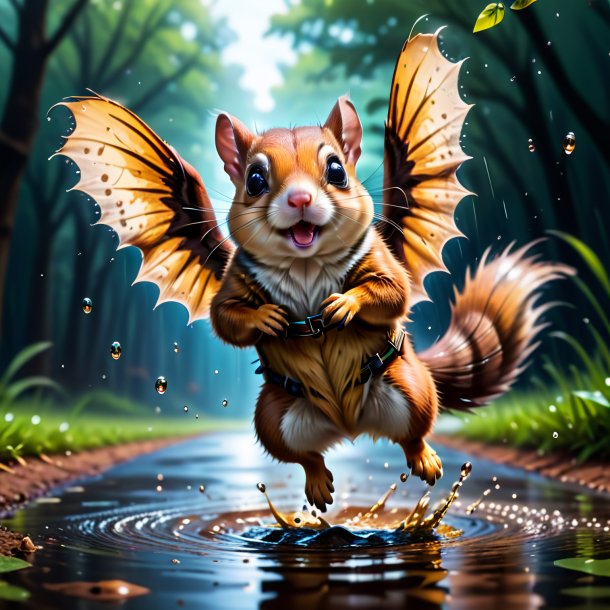 Drawing of a flying squirrel in a belt in the puddle