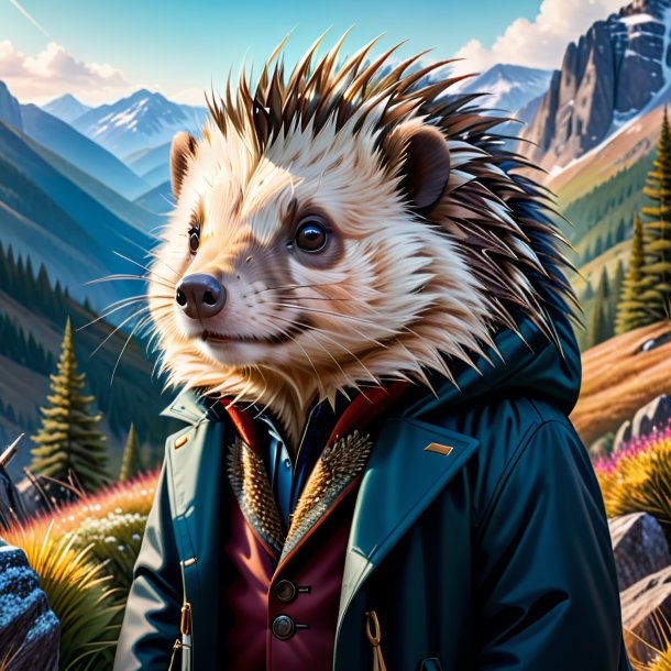 Illustration of a porcupine in a coat in the mountains