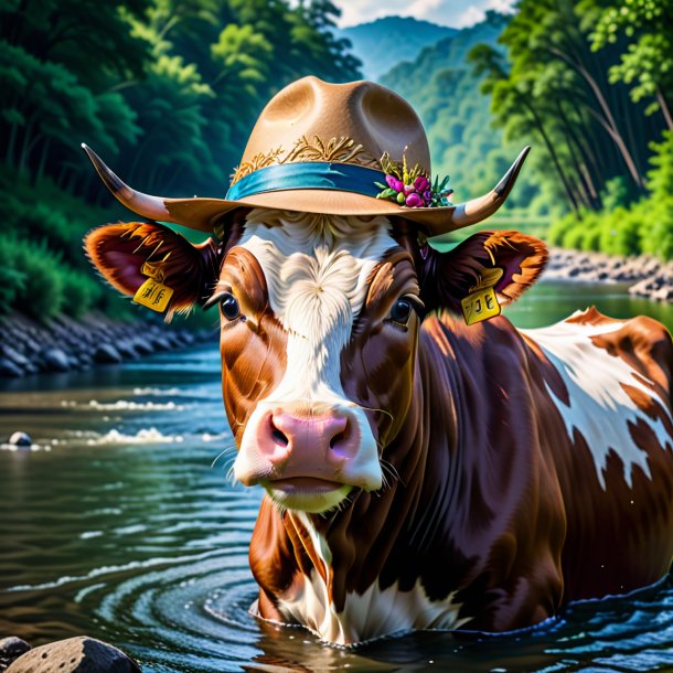 Foto de una vaca en un sombrero en el río