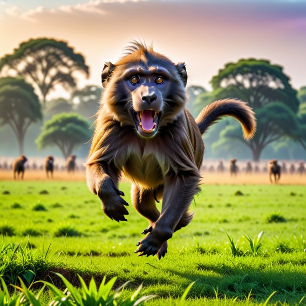 Pic of a jumping of a baboon on the field