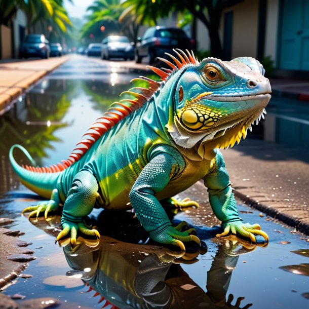 Imagen de una iguana en un zapato en el charco