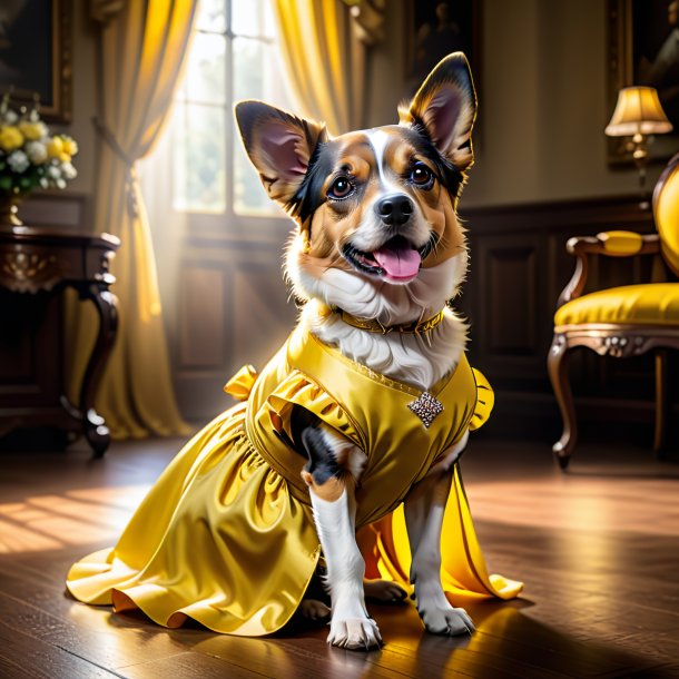 Imagem de um cão em um vestido amarelo